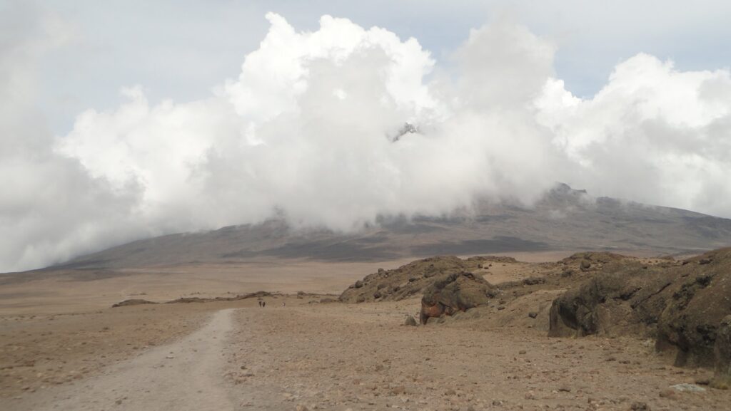 a dirt road with a mountain in the background